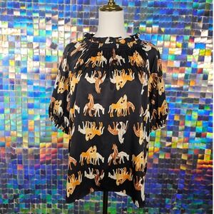 Horse Print Tunic Top Ruffle Neckline Blouse Dopamine Dressing